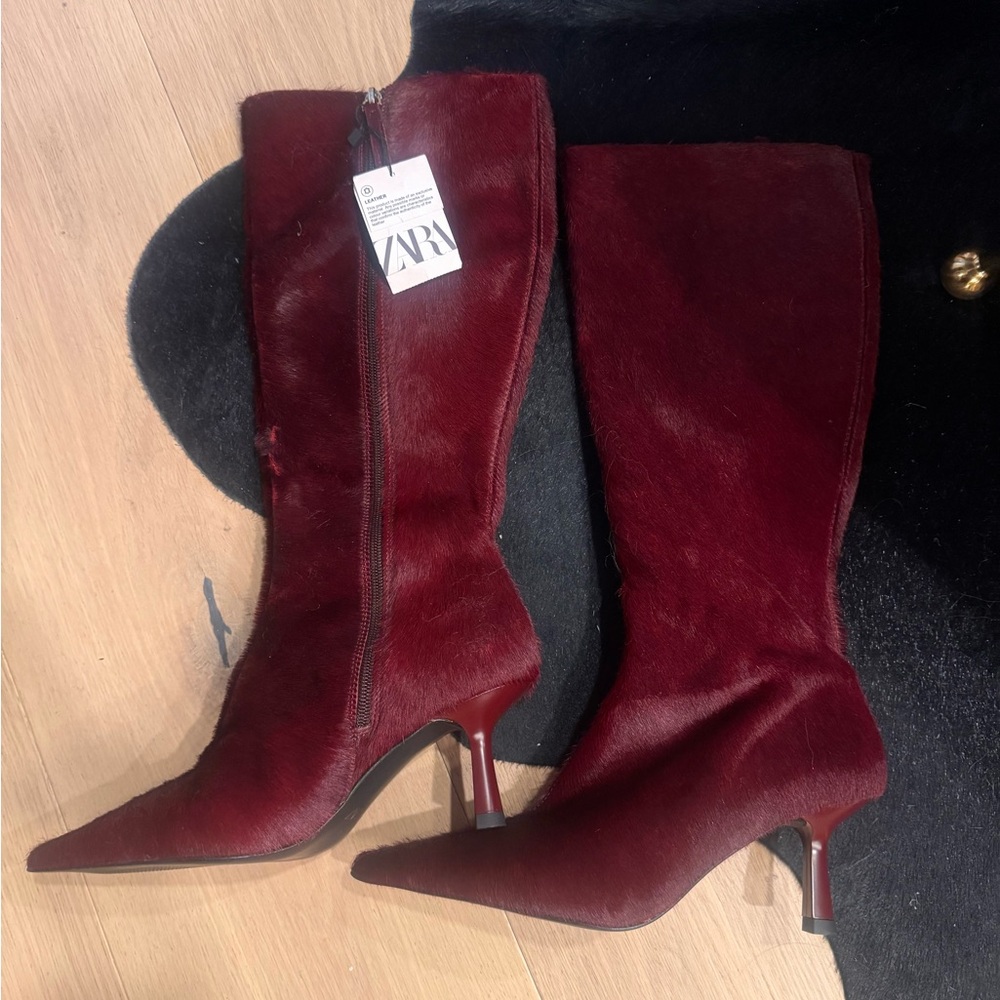Zara Women's Burgundy Heeled Boots - Picture 2 of 4